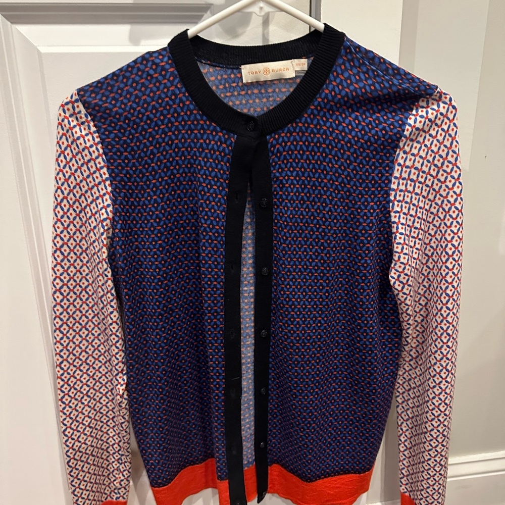 Tory Burch Blue and Red Patterned Cardigan